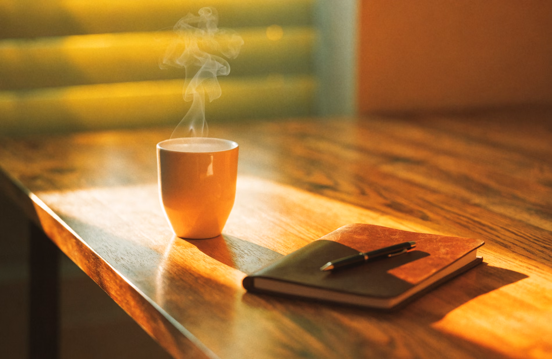 A steaming cup and a closed notebook with a pen on a sunlit wooden desk, warm light raking across the grain.